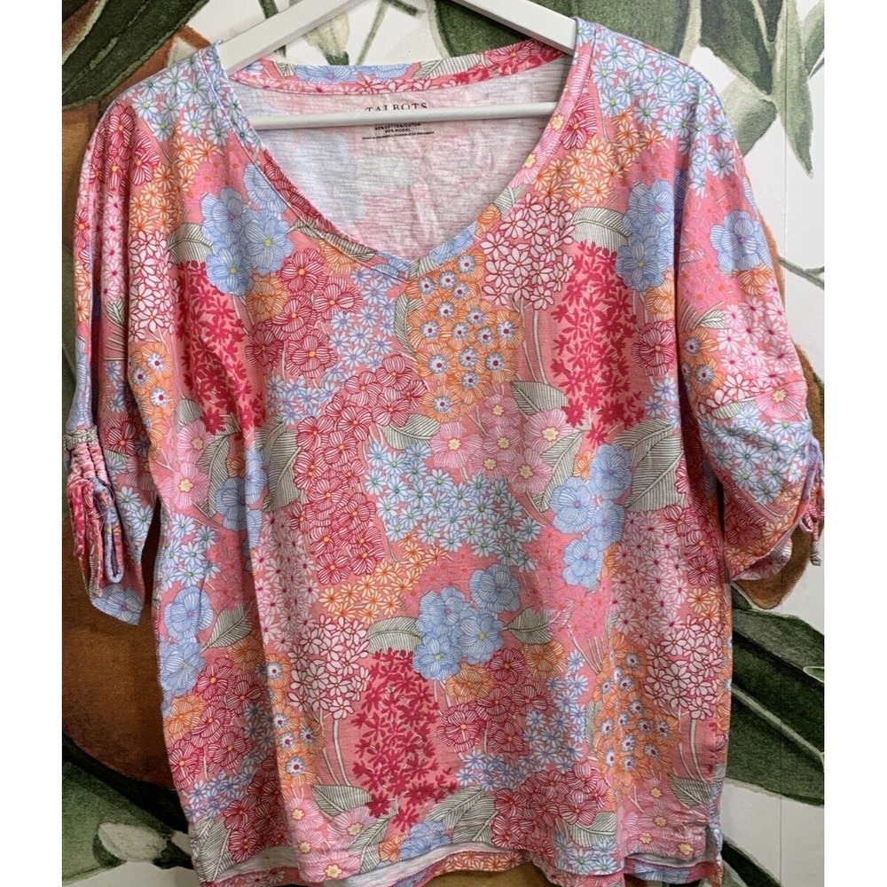 Talbots Medium V Neck Floral Tie Sleeves Cotton Modal Blend Tee Shirt